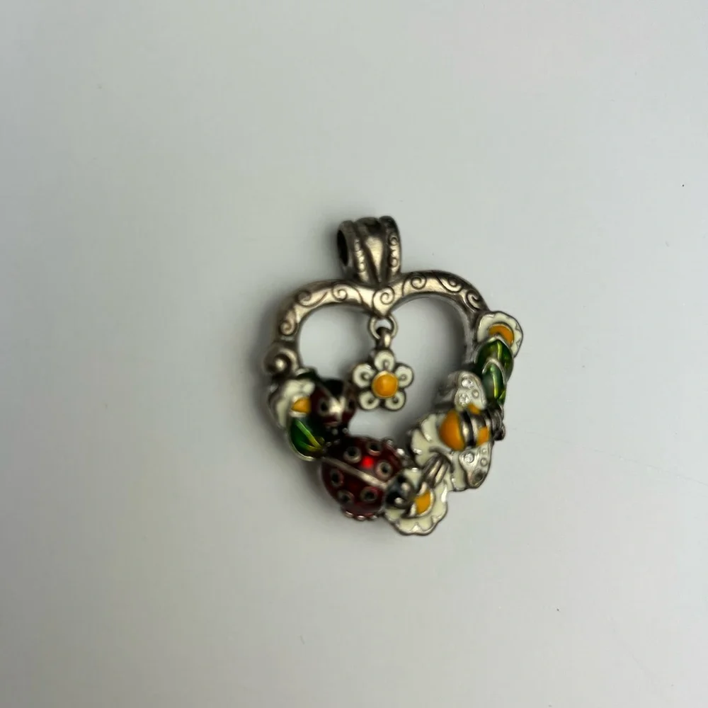 Brighton Garden Heart Pendant Enamel Flowers Ladybug Silver Tone, Key Fob